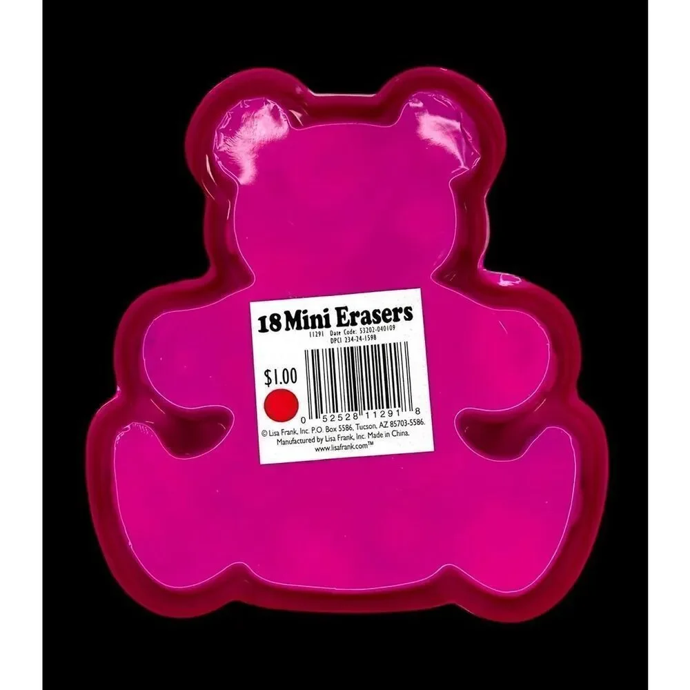 New Vintage Y2K Lisa Frank 18 Mini Erasers Pink Teddy Bear Case Unused